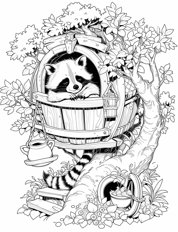 Raccoon In Treehouse coloring page with detailed line art for adults