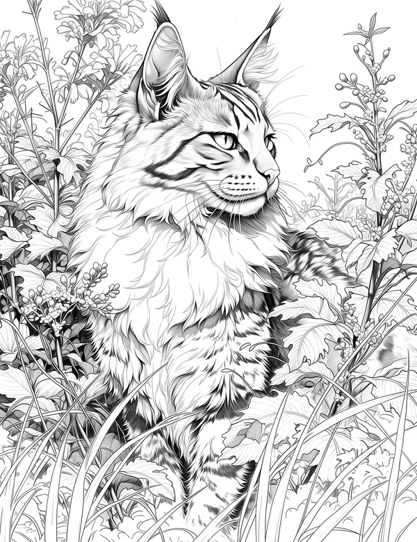 Realistic Maine Coon cat standing among grasses and wild plants