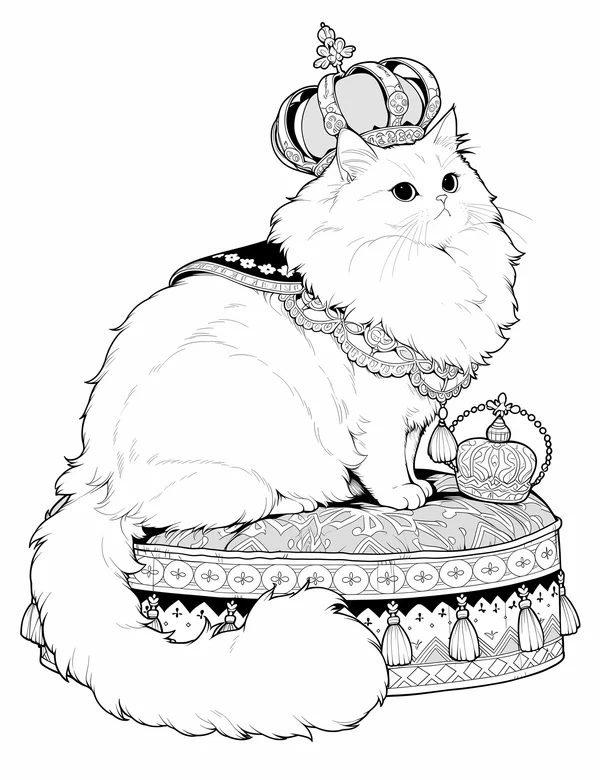 Regal Persian cat wearing a crown on patterned cushion