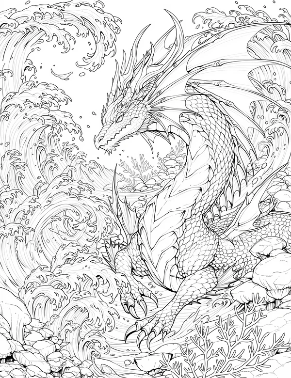 Water dragon rising beside crashing waves and rocky underwater details