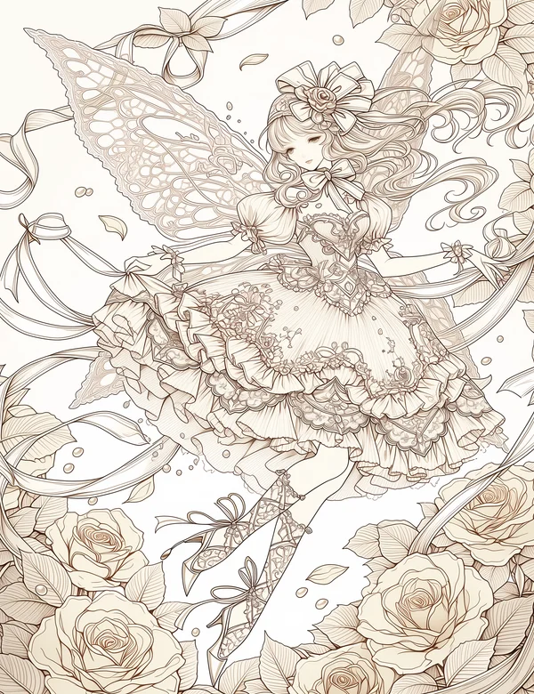 Ribbon fairy in layered dress surrounded by roses and lace wings