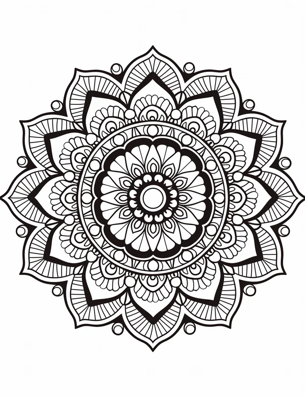 Lotus-inspired mandala coloring page with bold petals, circles, and sacred geometry