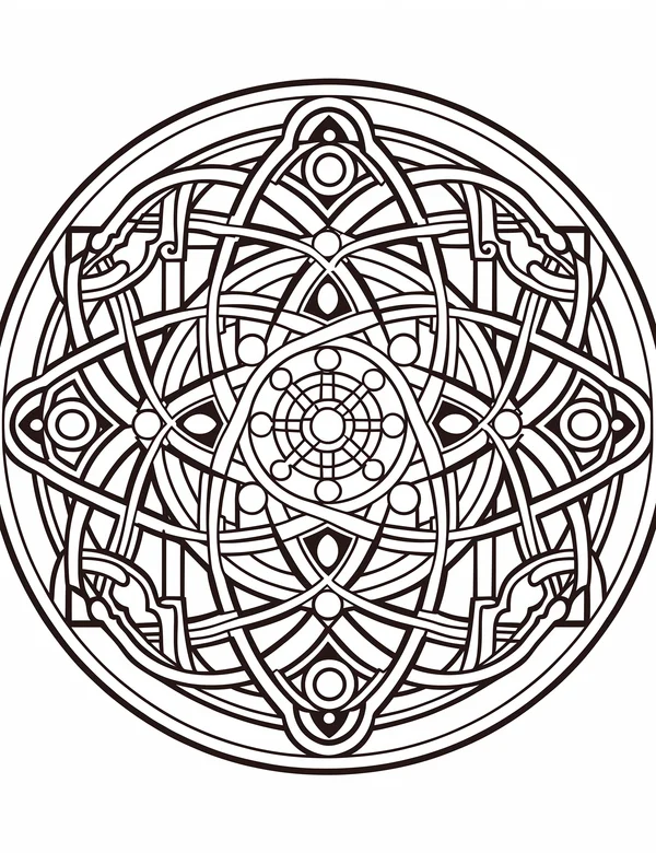 Geometric mandala coloring page with orbital lines, circles, and layered symmetry