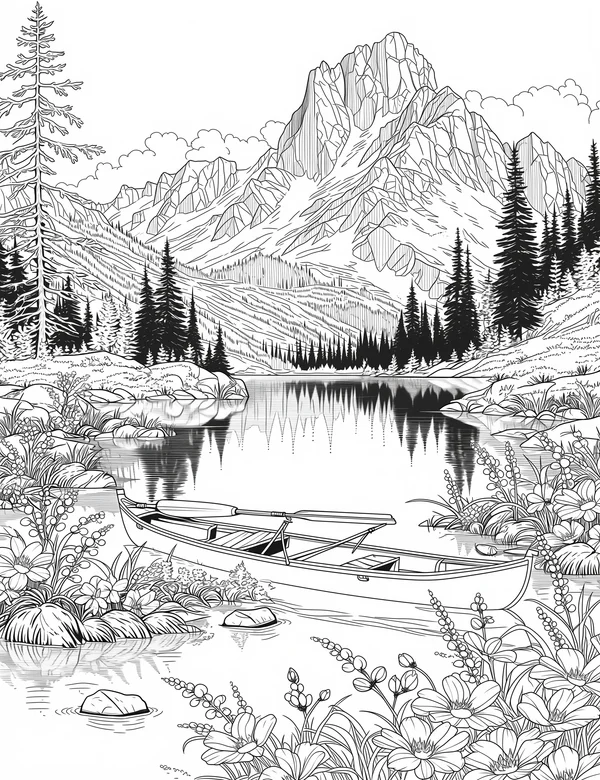 Mountain lake landscape with canoe, pine trees, and mirrored reflections