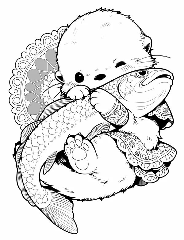 Sleepy Otter With Fish coloring page with detailed line art for adults