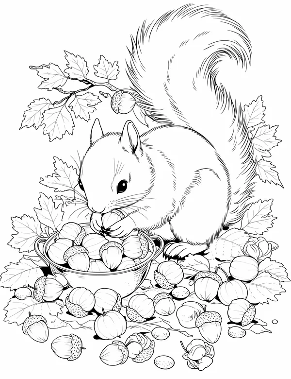 Squirrel With Acorns coloring page with detailed line art for adults