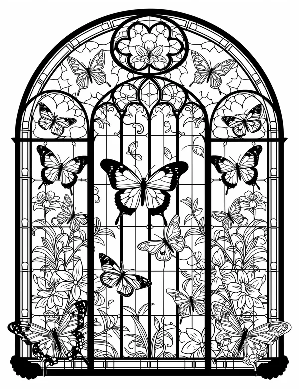 Stained Glass Butterfly coloring page with detailed line art for adults