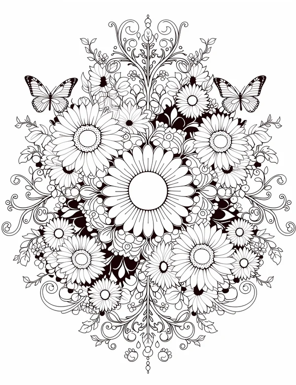 Sunflower mandala coloring page with butterflies, layered petals, and ornate floral details