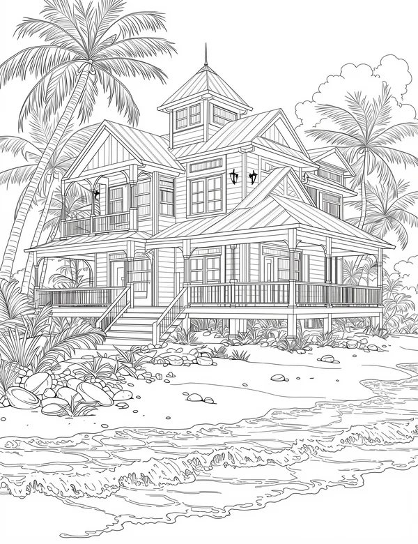 Sunny beach house coloring page with palm trees, porch, and shoreline