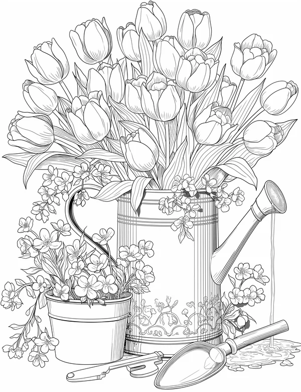 Tulip Arrangement coloring page with detailed line art for adults