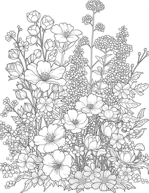 Dense wildflower garden with layered blossoms, buds, and leafy stems