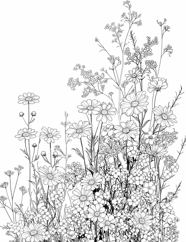 Wildflower Meadow coloring page with detailed line art for adults