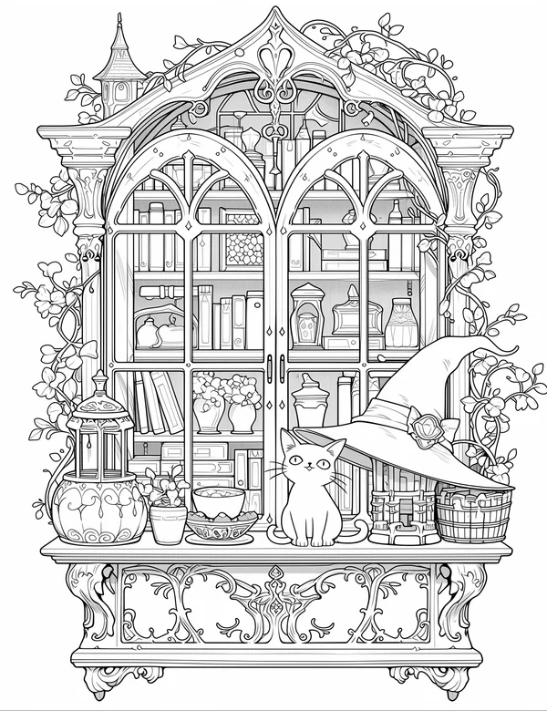 Witch S Cottage Window coloring page with detailed line art for adults